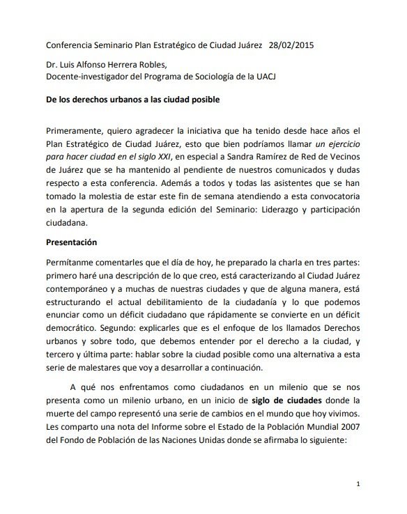 De los Derechos Urbanos a la Ciudad Posible