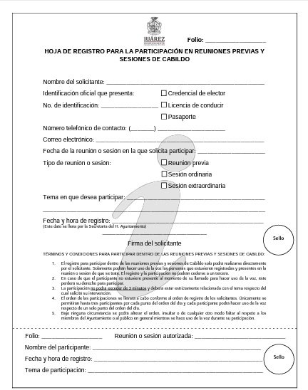 Hoja de Registro para la Participación en Reuniones Previas y Sesiones de Cabildo