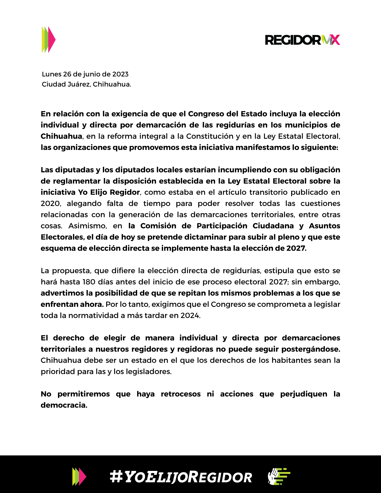 El Congreso de Chihuahua posterga la elección directa de regidurías; exigimos que la reglamenten para 2024