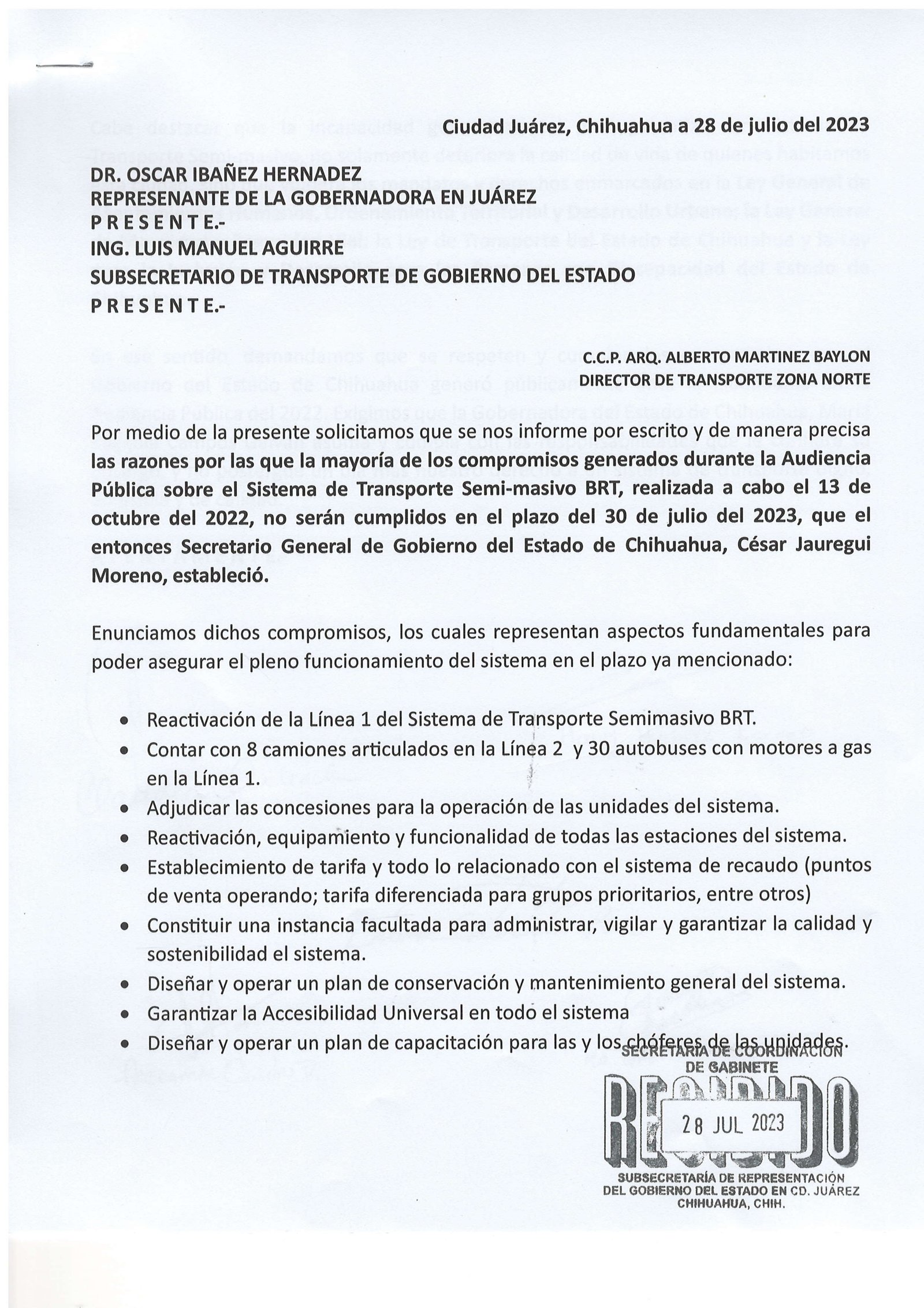 Oficio recibido de estatus de compromisos Audencia BRT