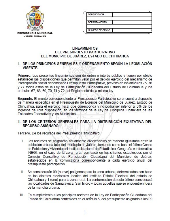 Lineamientos  del Presupuesto Participativo  del Municipio de Juárez, Estado de Chihuahua