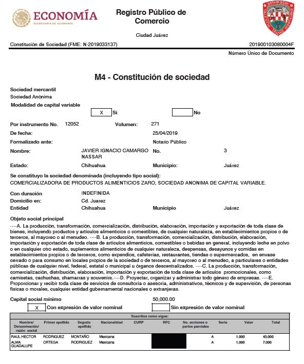 Constitución de Sociedad Comercializadora de Productos Alimenticios Zaro
