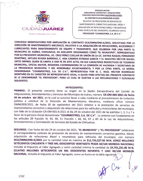 Convenio modificatorio al contrato DCA/DMM/040-A/2021 COURMEXTRES