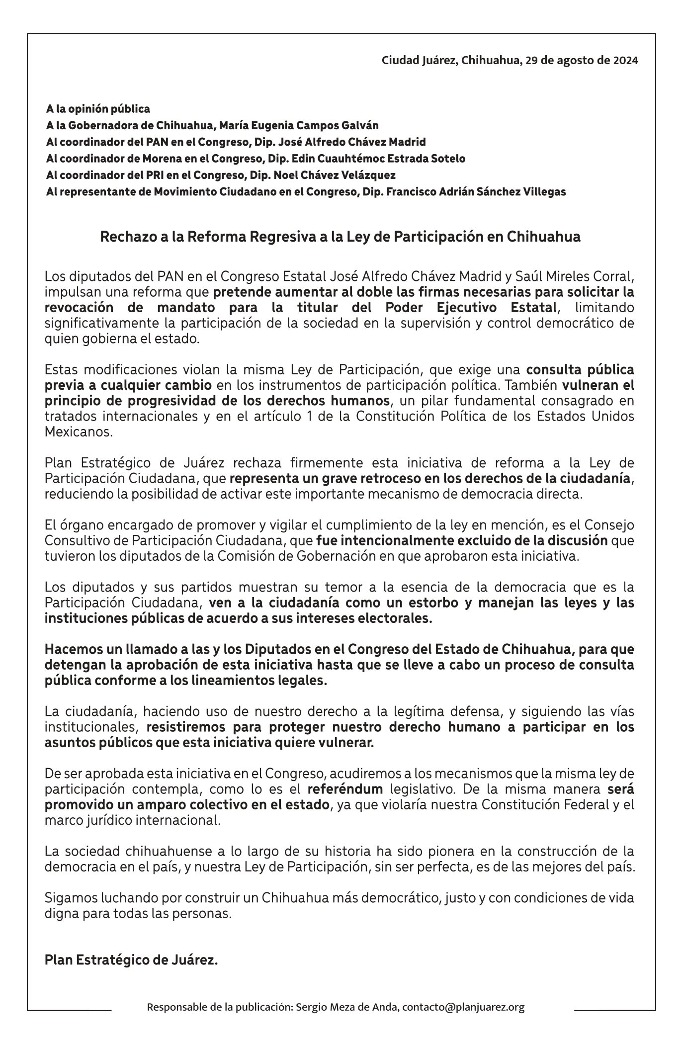 Rechazo a la Reforma Regresiva a la Ley de Participación en Chihuahua