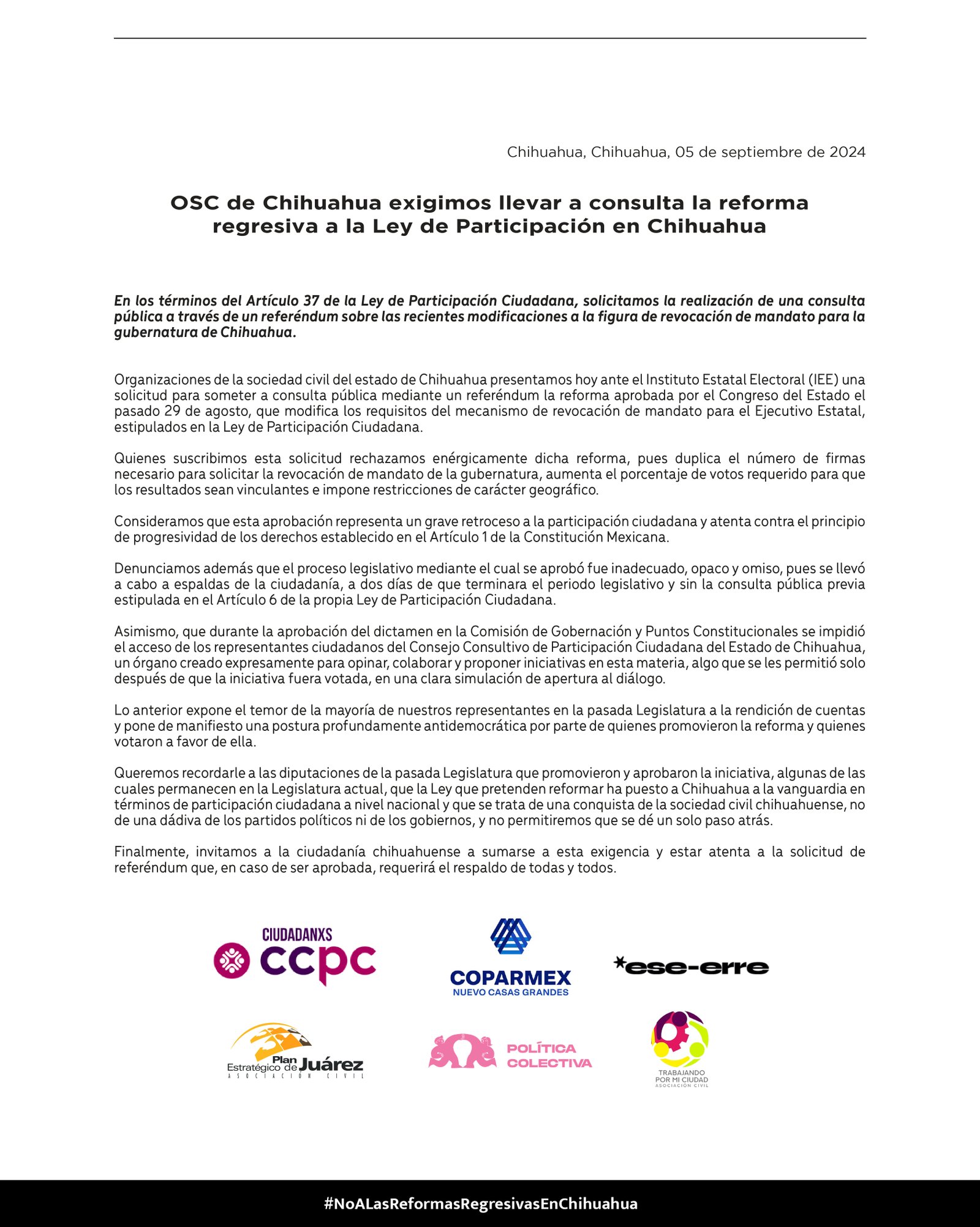 OSC de Chihuahua exigimos llevar a consulta la reforma regresiva a la Ley de Participación en Chihuahua